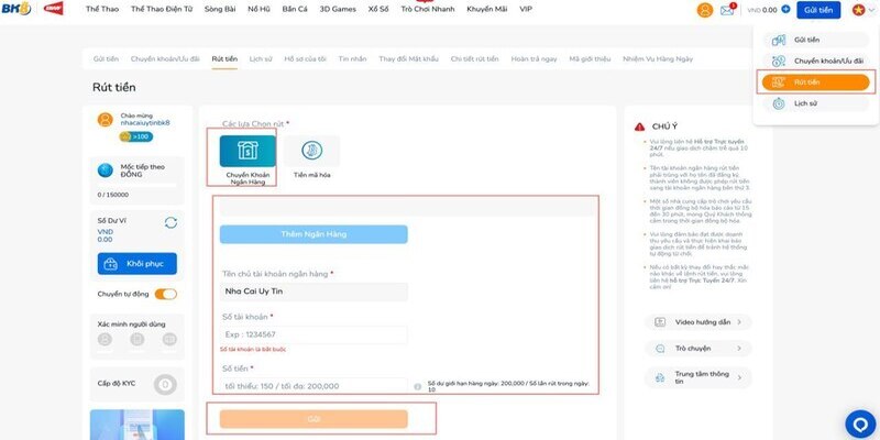 Chỉ dẫn rút tiền BK8 chi tiết từ A - Z